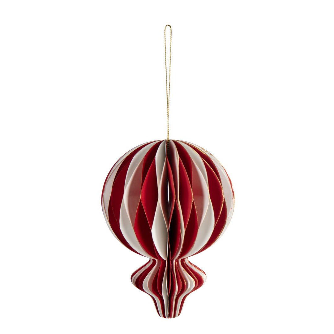 Red and white foldable paper balloon Christmas ornament with gold hanging string.