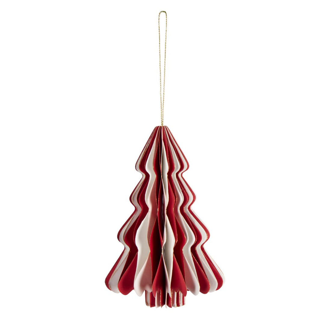 Red and white foldable paper tree Christmas ornament with gold hanging string.
