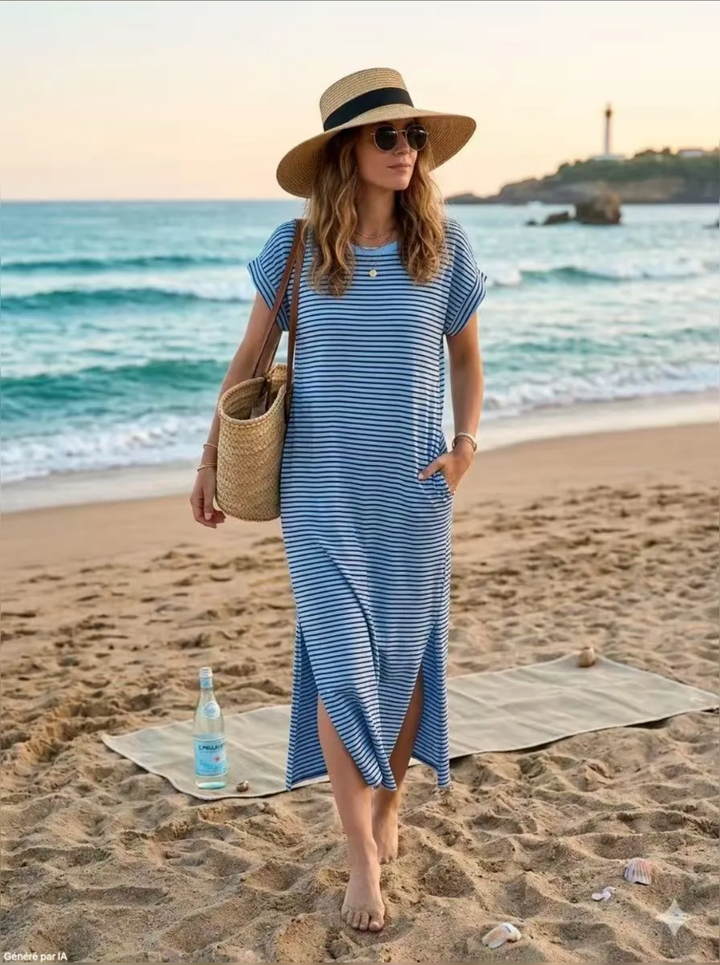Stripey Blue Cotton T-Shirt Dress-Dresses-LNH Edit
