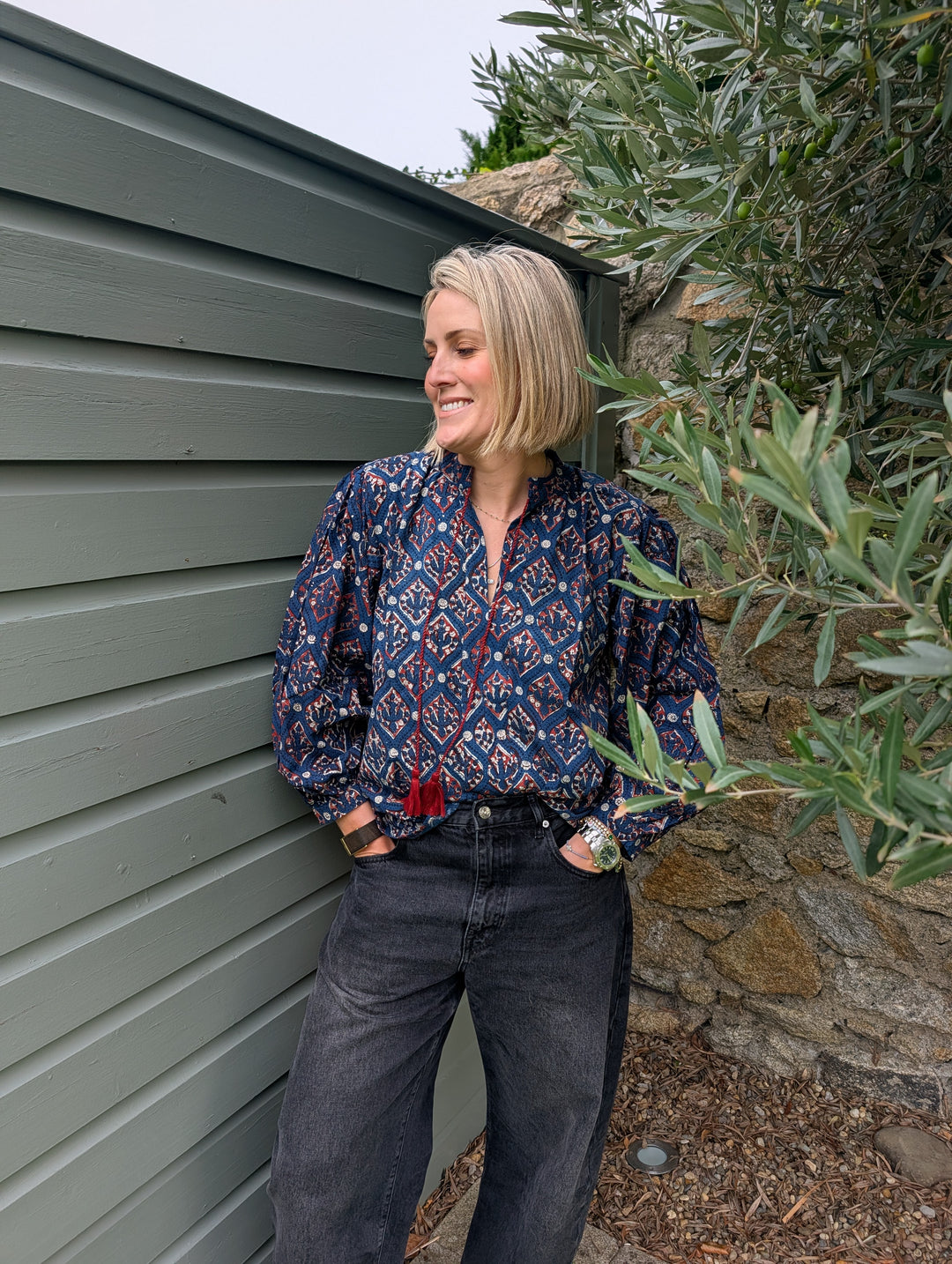 Hazel Navy Long sleeve handcrafted cotton top