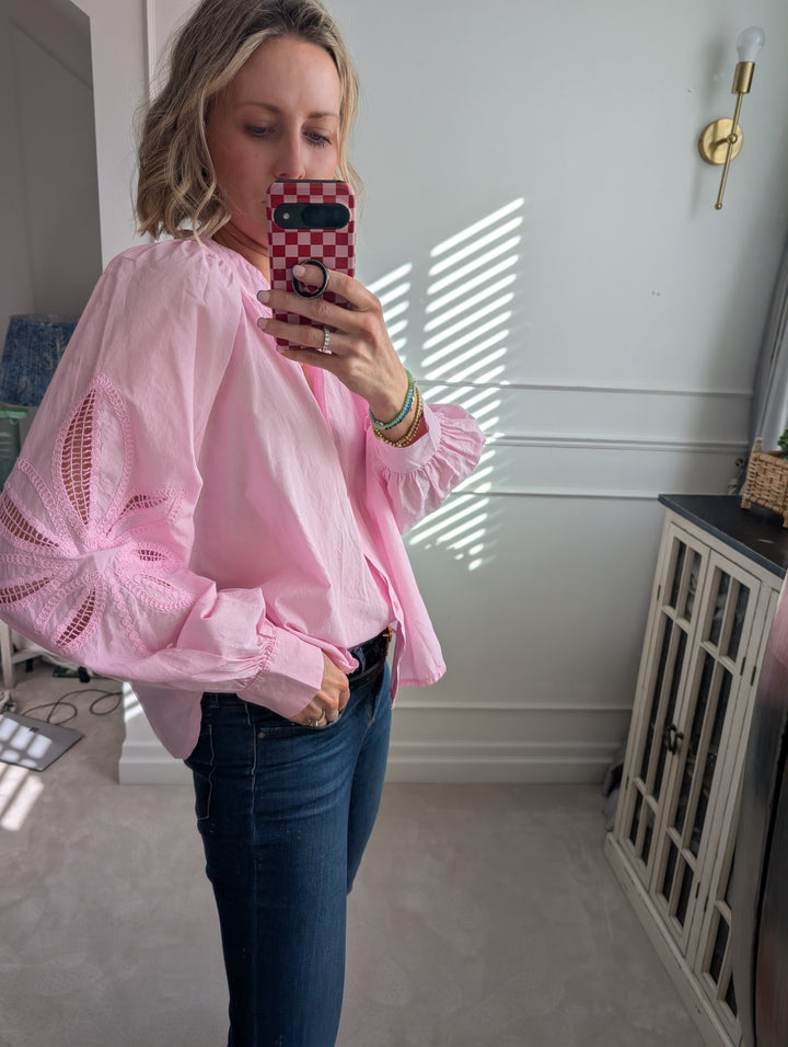 Embroidered sleeve Blouse pink-Shirts & Tops-LNH Edit