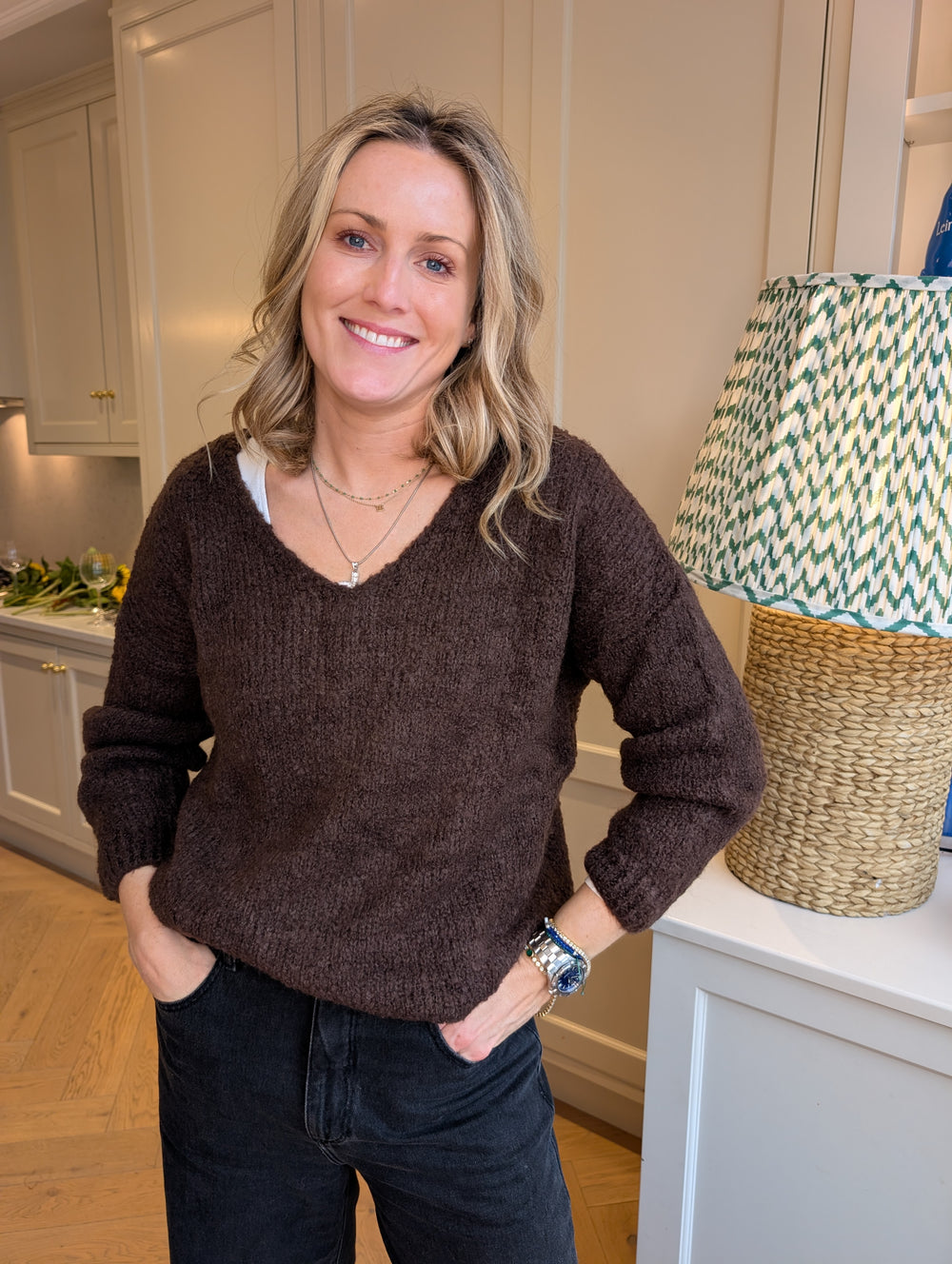 Chocolate Boucle V Neck Sweater-Shirts & Tops-LNH Edit