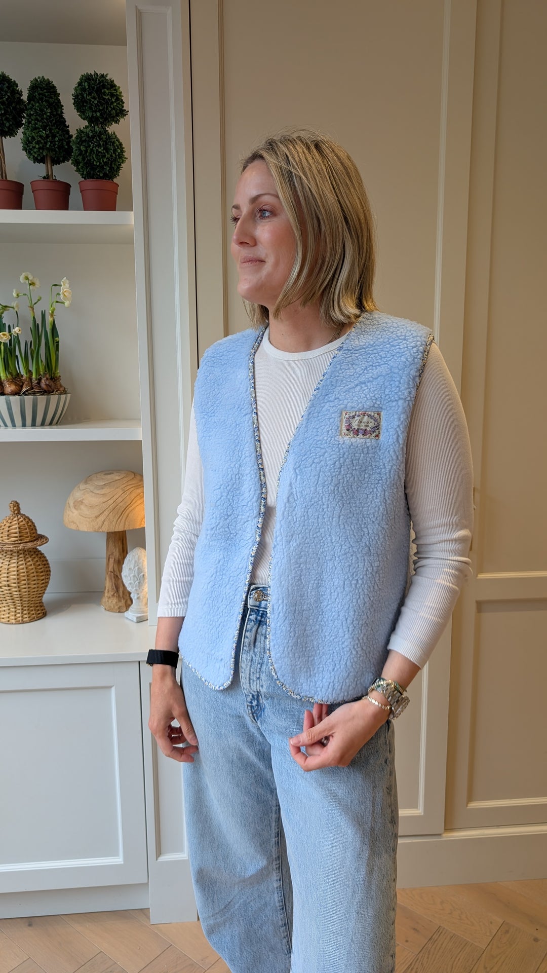 Floral trim Blue Gilet-Jackets & Coats-LNH Edit