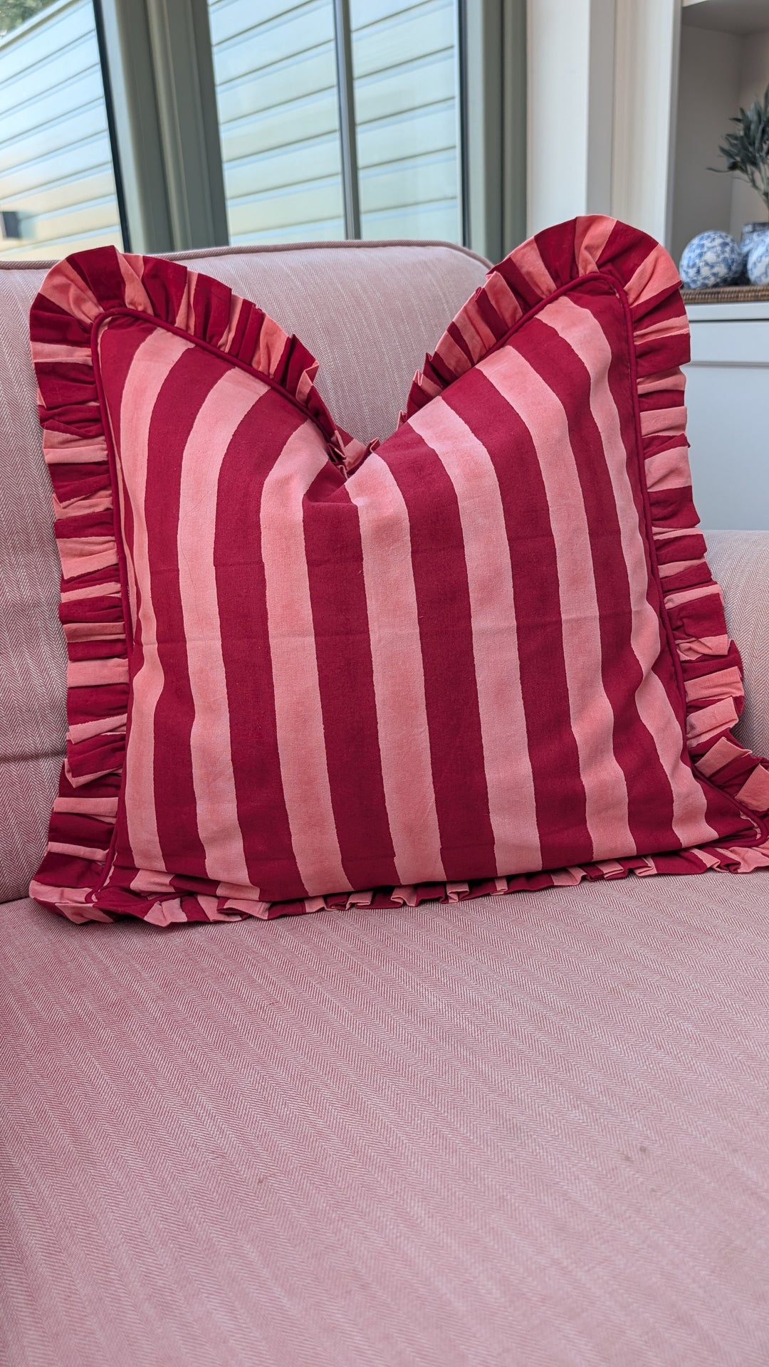 Pink and red stripe Frill Cushion Cover