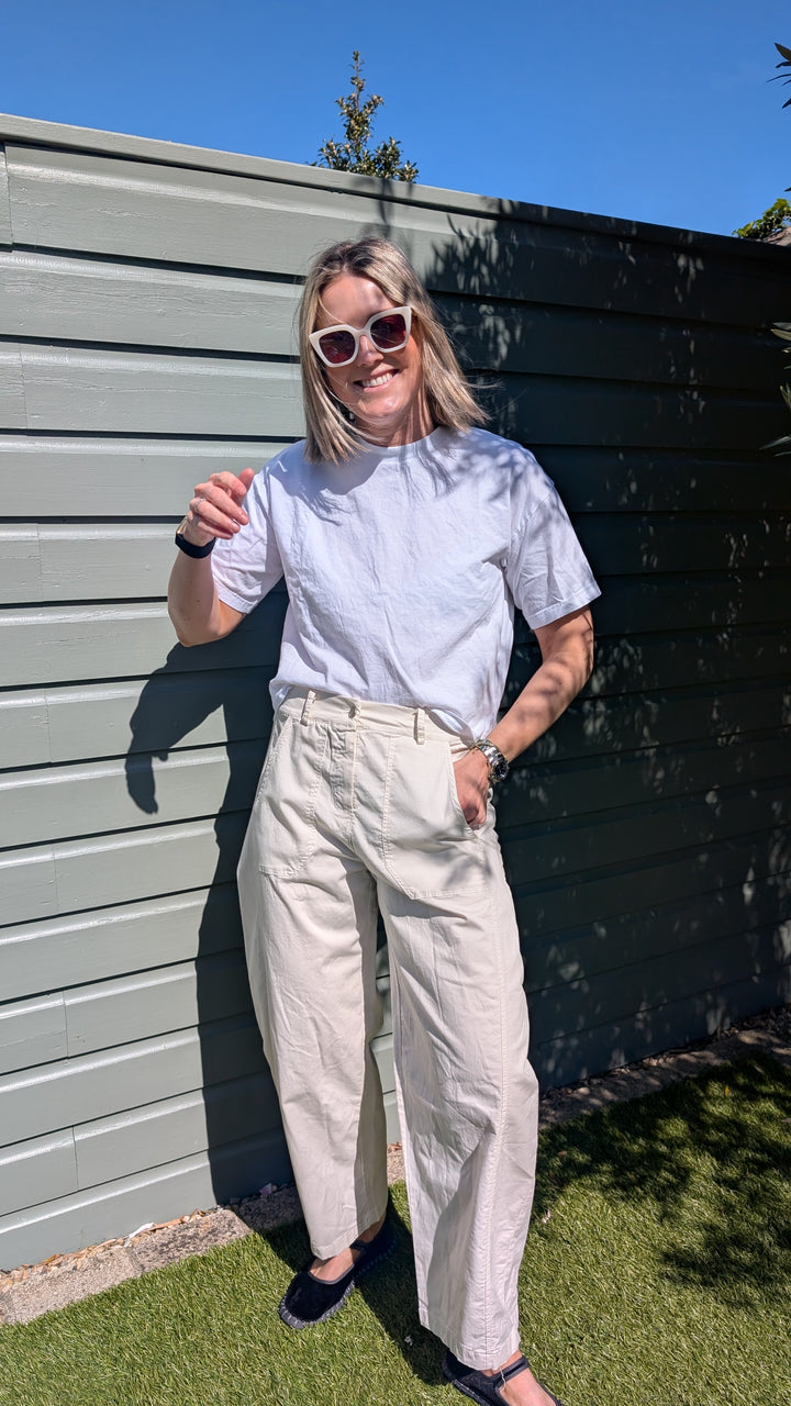 Cream Barrel Cotton Trousers-Trousers-LNH Edit