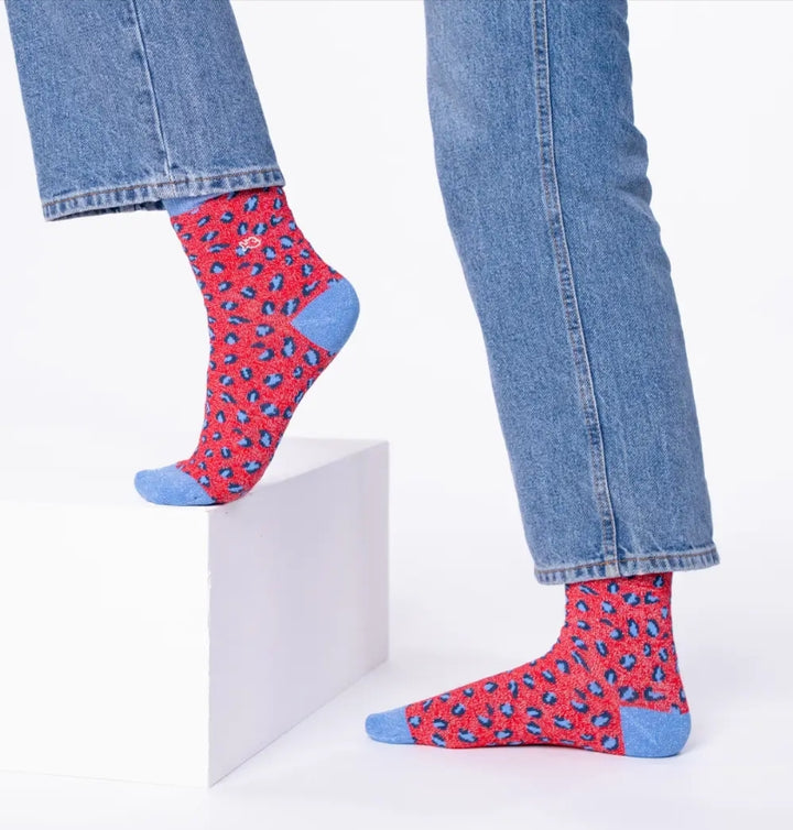 Red and Navy Leopard Combed Cotton Socks