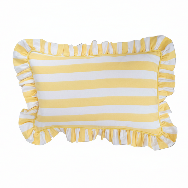 Yellow and white striped pillow with ruffled edges on a white background