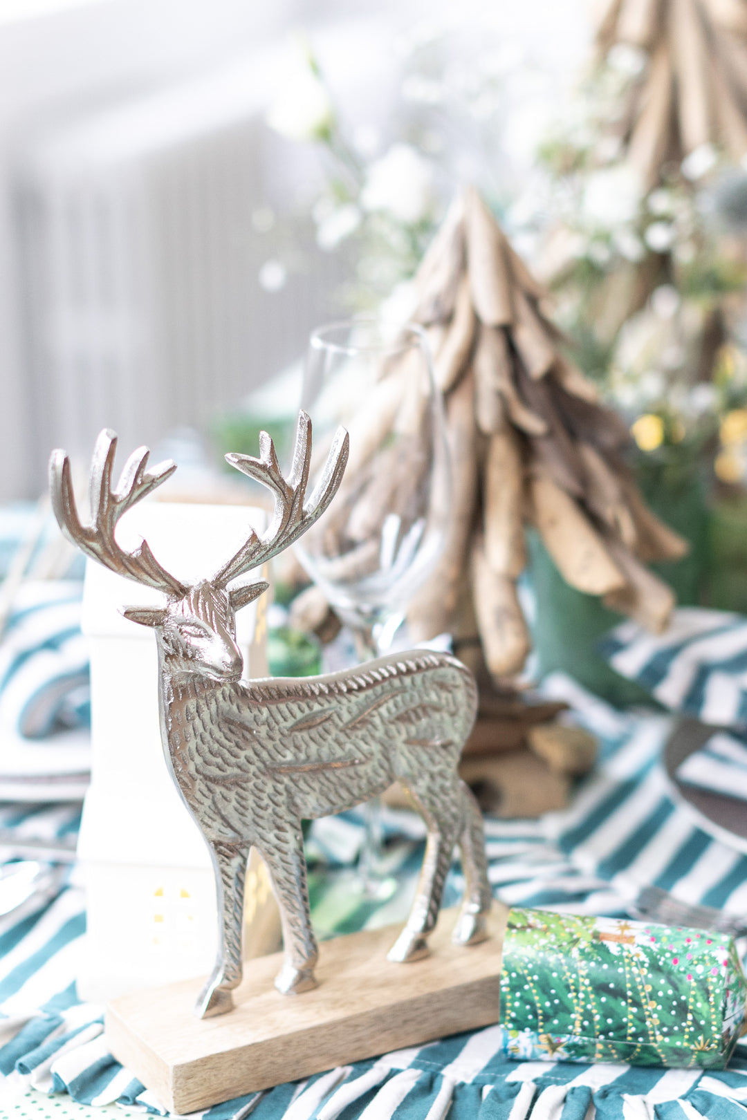 Silver Reindeer Figurine on Mango Wood Base