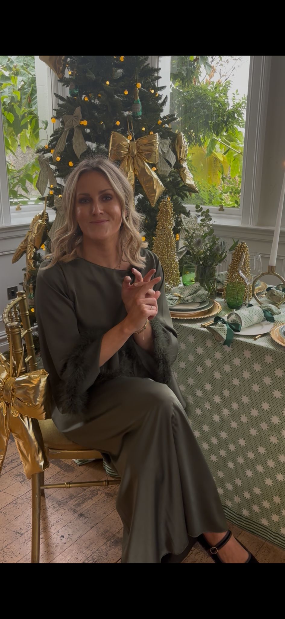 Green Satin Dress with Feather Details