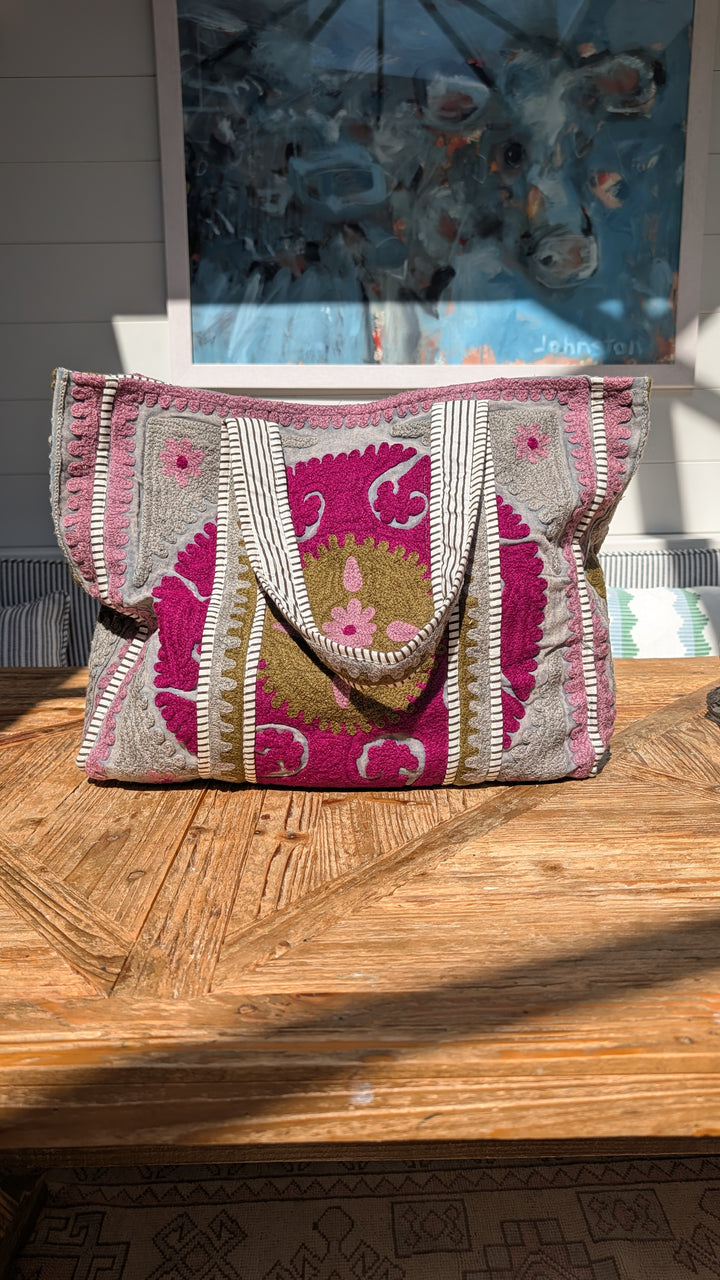 Khaki &amp; Purple Suzani embroidered Tote