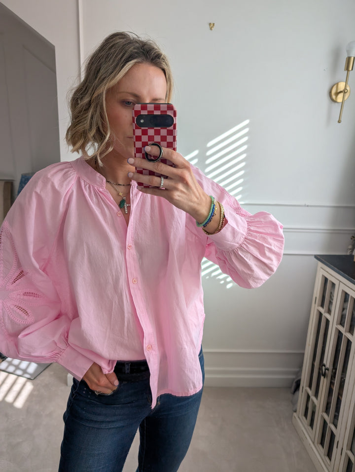 Embroidered sleeve Blouse pink-Shirts & Tops-LNH Edit