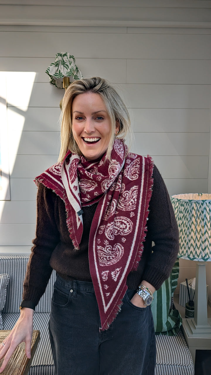 Large Triangle Paisley print Burgundy Scarf