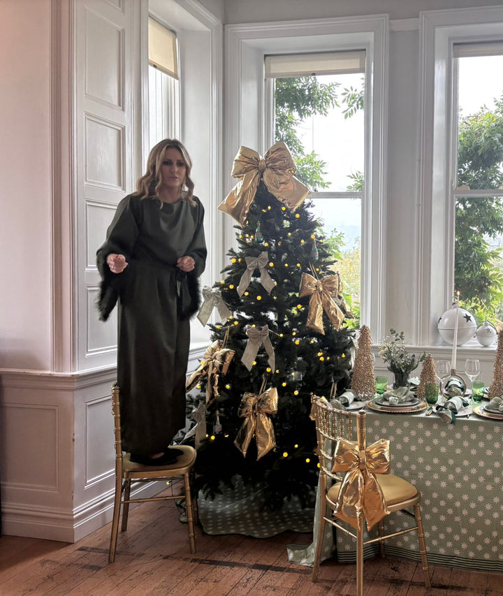 Green Satin Dress with Feather Details