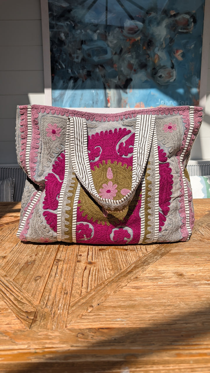 Khaki &amp; Purple Suzani embroidered Tote