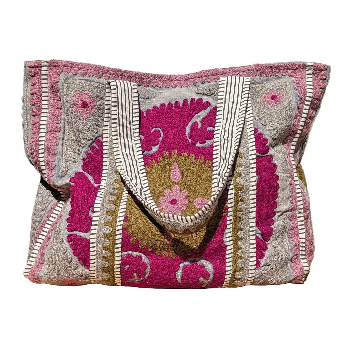 Khaki &amp; Purple Suzani embroidered Tote