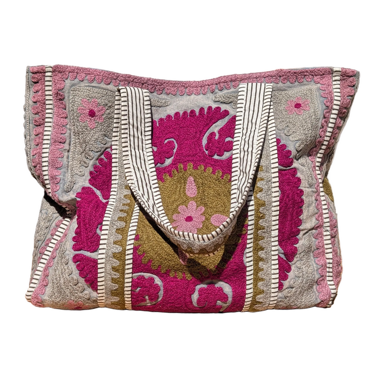 Khaki &amp; Purple Suzani embroidered Tote