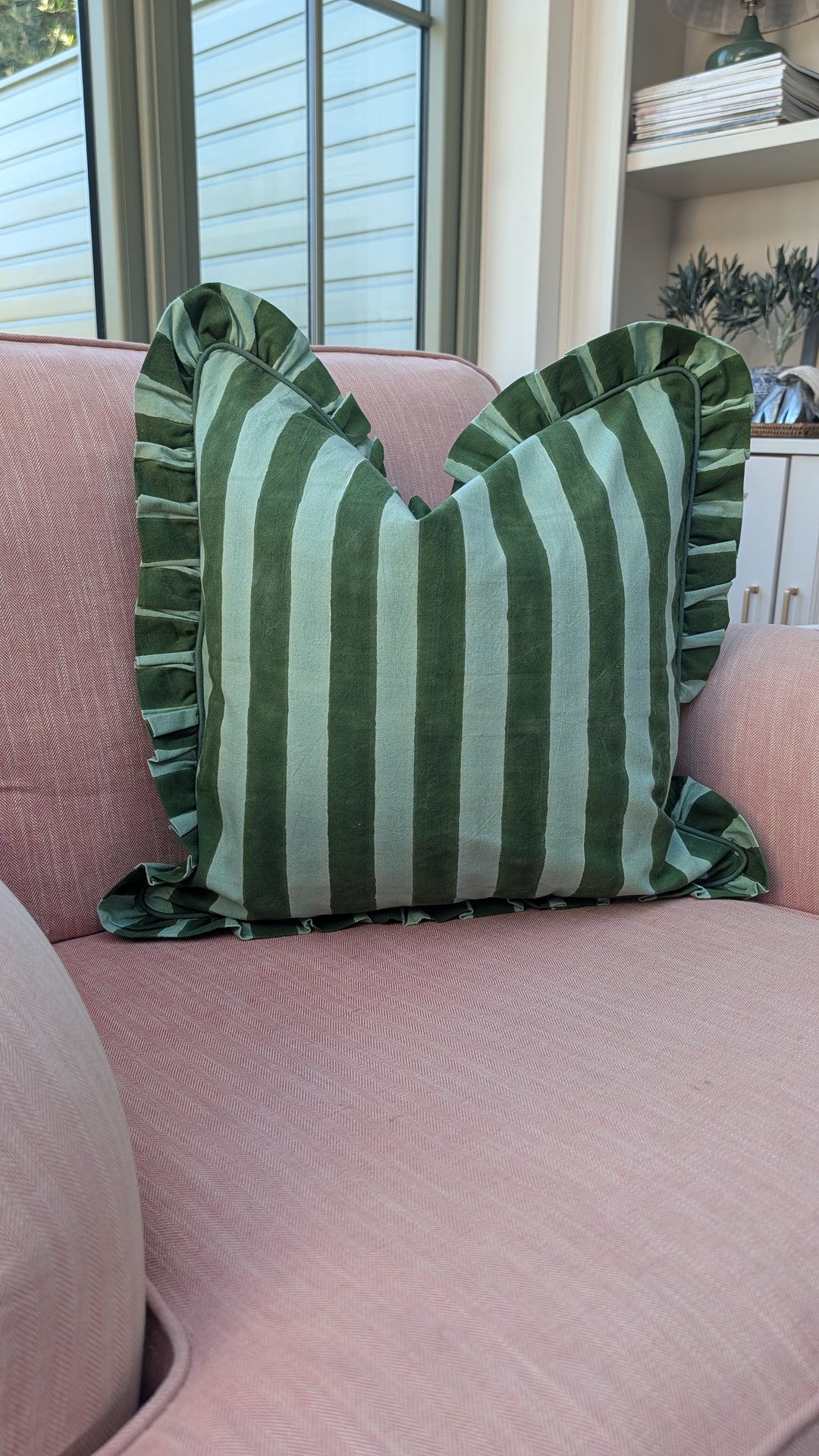 Green stripe Frill Cushion Cover