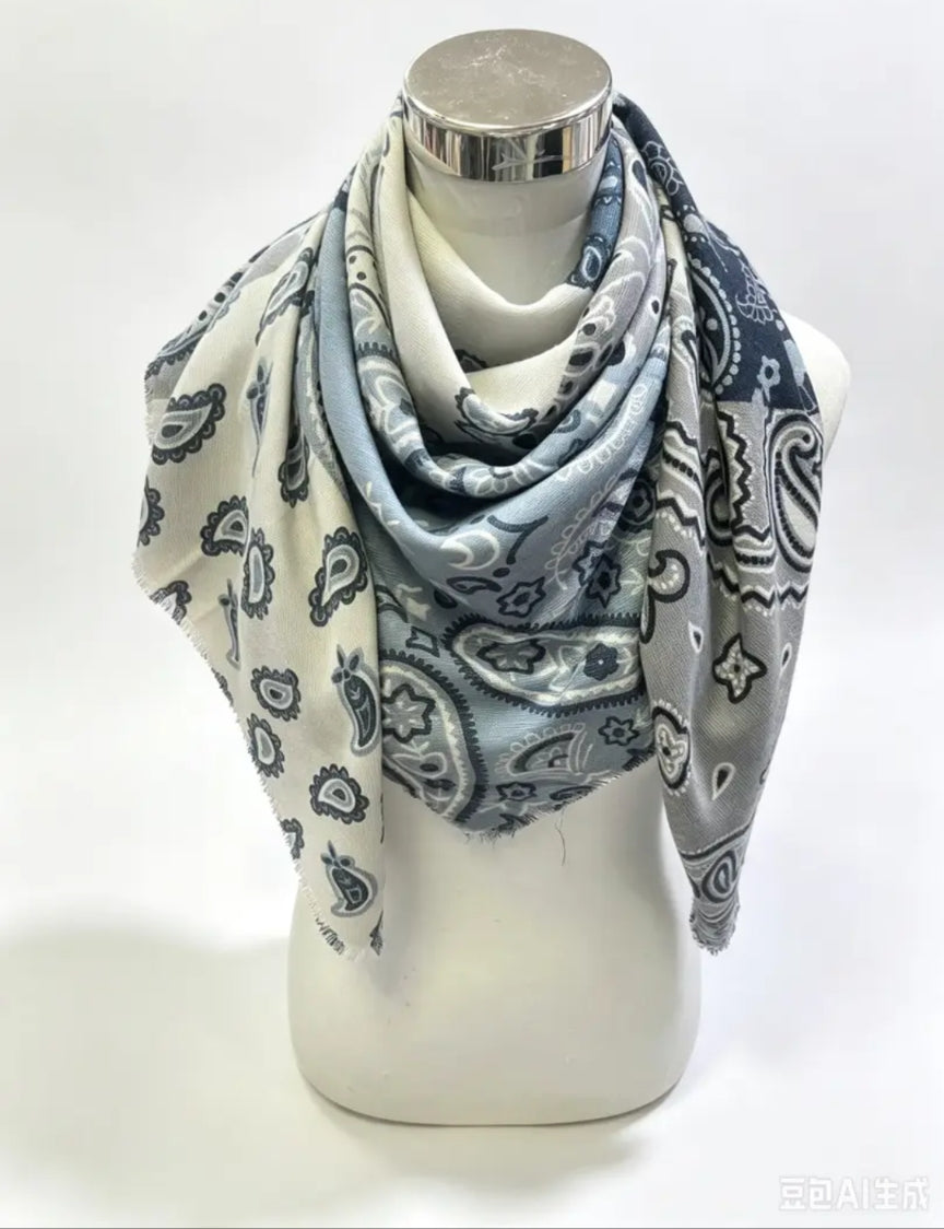 Large Blue Patchwork print Scarf-scarf-LNH Edit