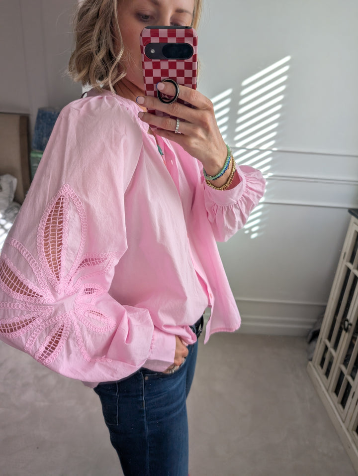 Embroidered sleeve Blouse pink-Shirts & Tops-LNH Edit