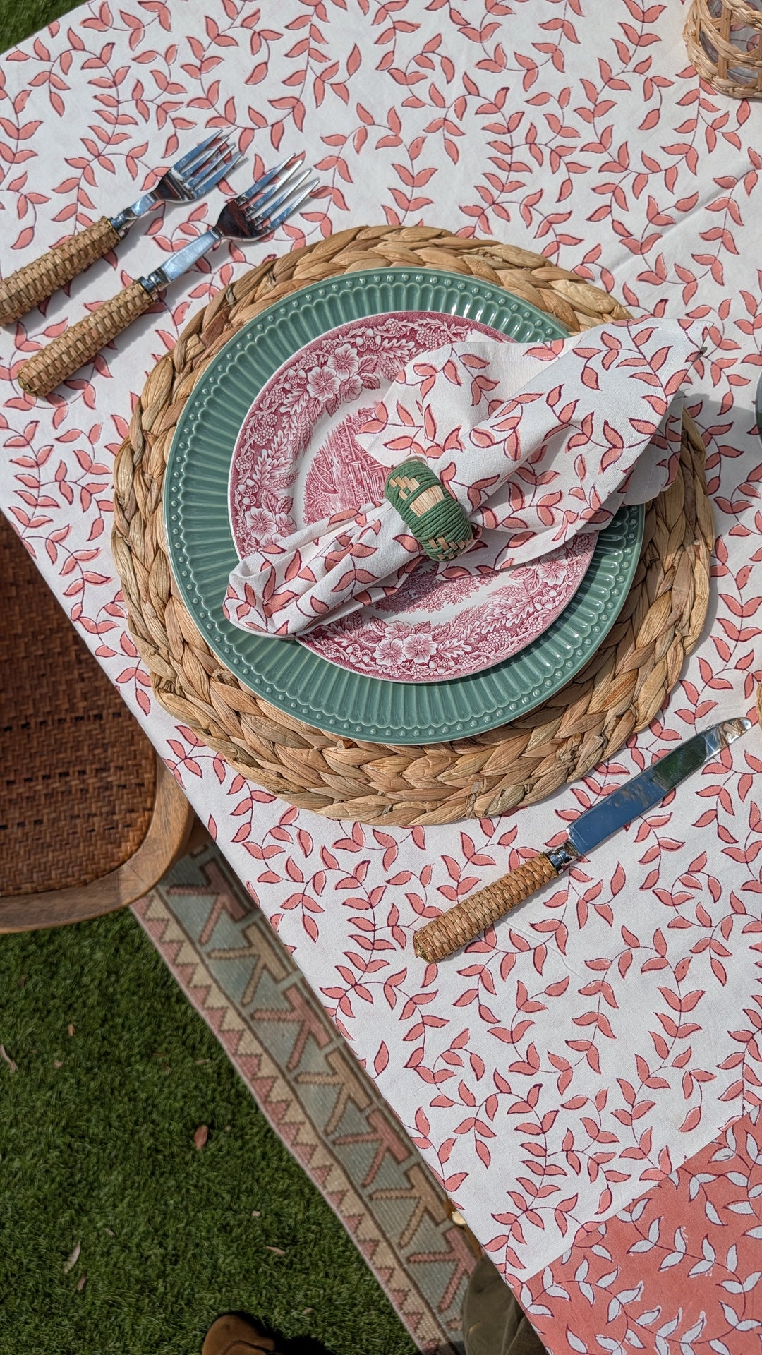 Tally Coral / White  Rectangular Tablecloth
