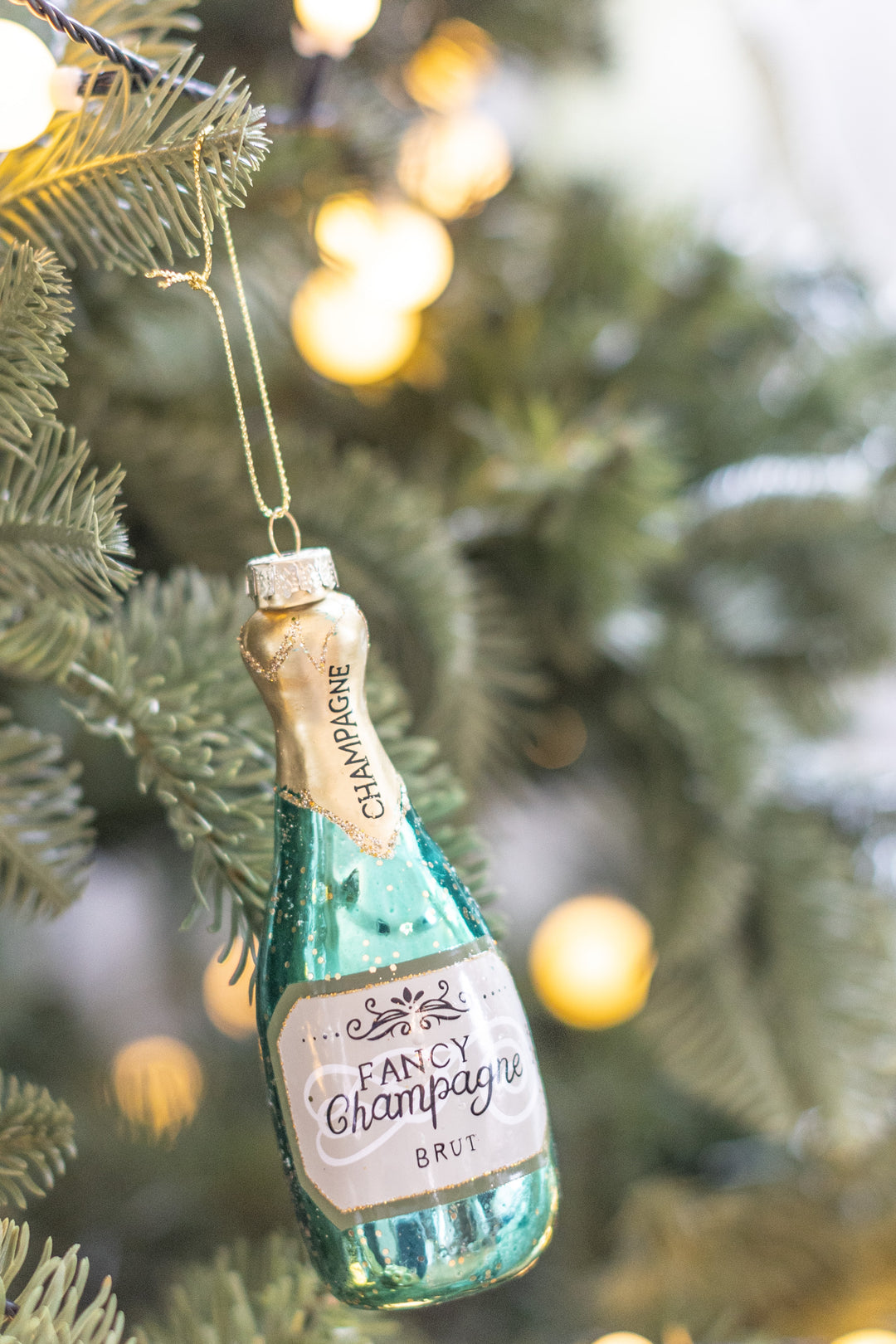 Champagne Bottle Glass Ornaments – Red & Green (Set of 2)