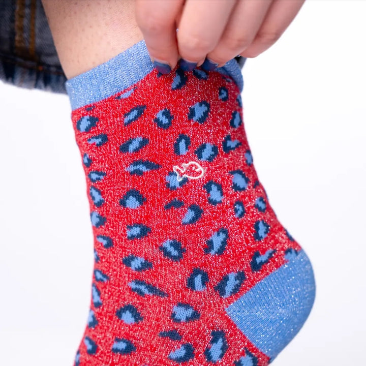 Red and Navy Leopard Combed Cotton Socks