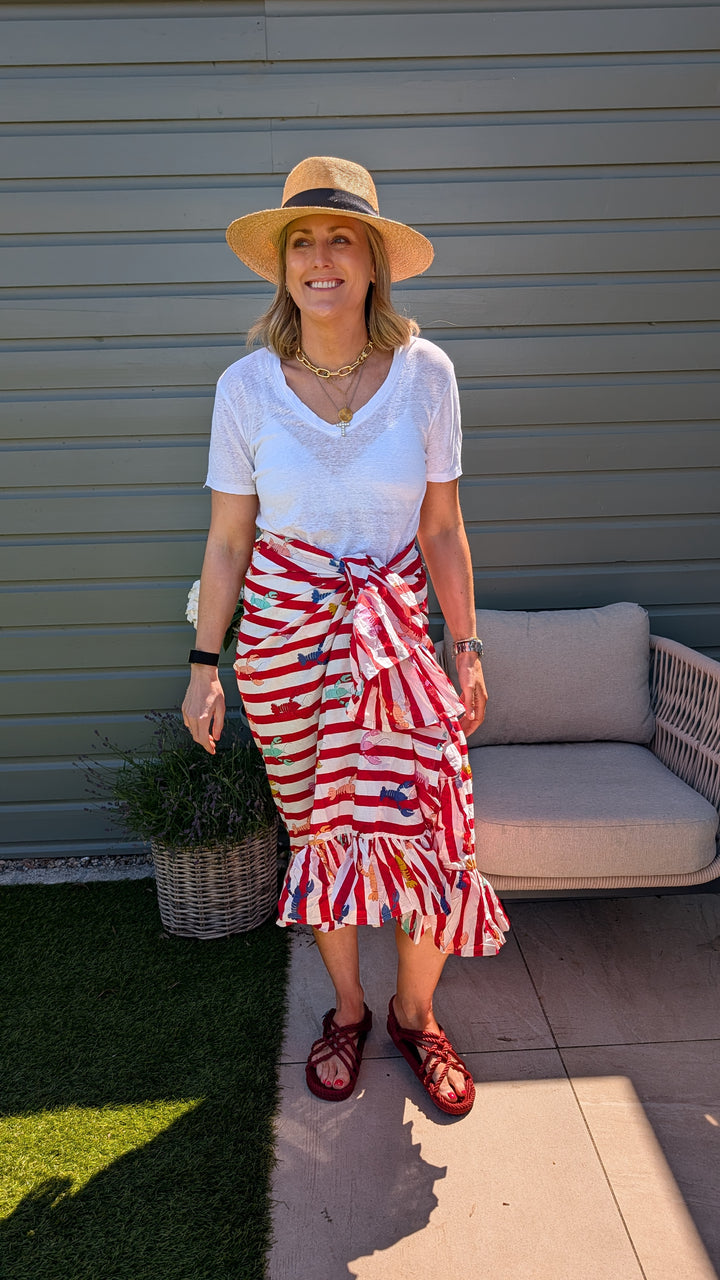 Lobster Red Stripe Frill Sarong