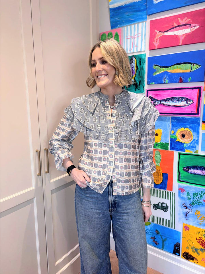 Grey Frill Printed Blouse
