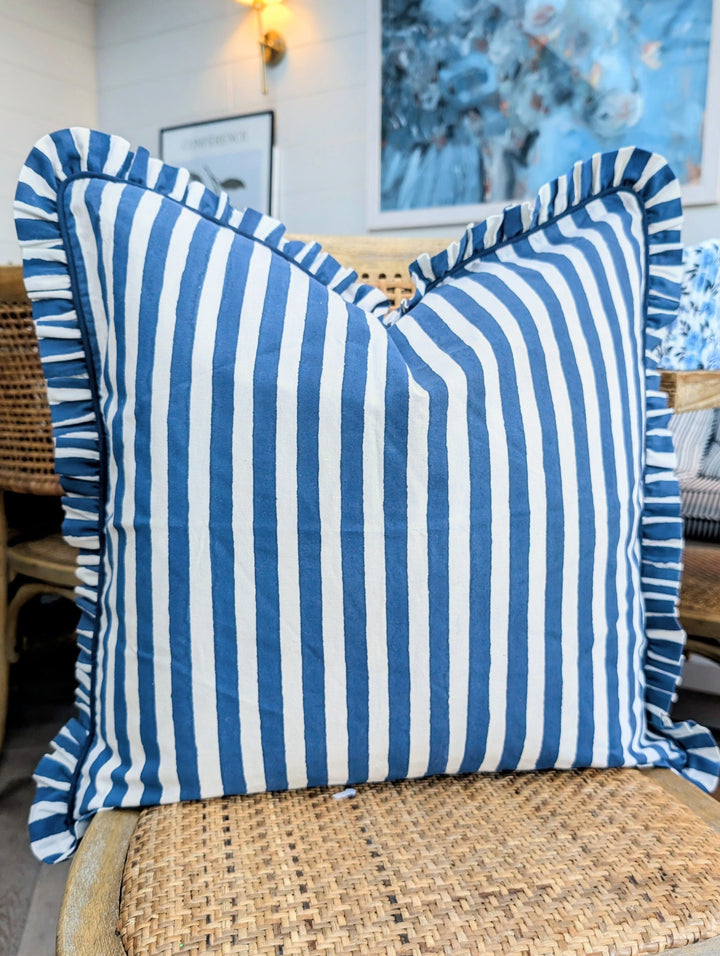Iris Blue Stripe Frill Cushion Cover