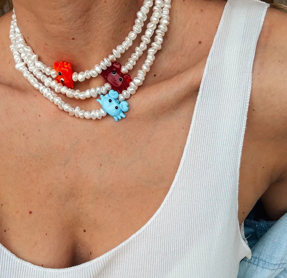 White shell pearl choker with orange glass crab charm--LNH Edit