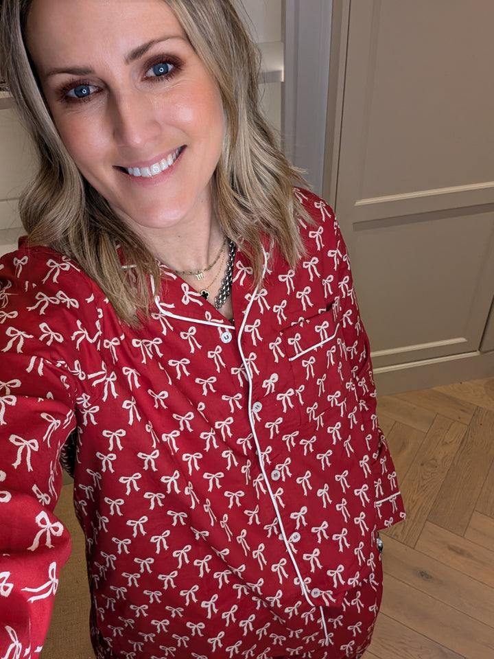 Christmas Bow Pyjama Set | Hand Block-Printed Cotton-Pyjamas-LNH Edit