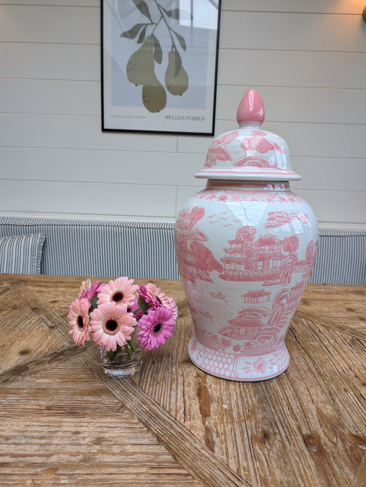 Pink & White Chinoiserie Ceramic Jar 18"