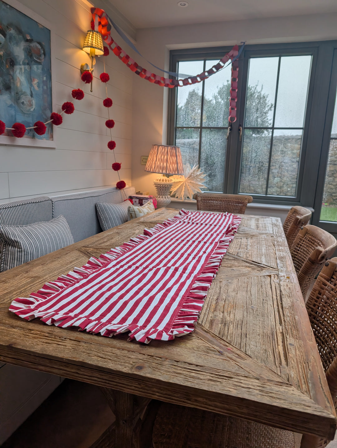 Holly Red Frill Table Runner | Hand Block-Printed Cotton