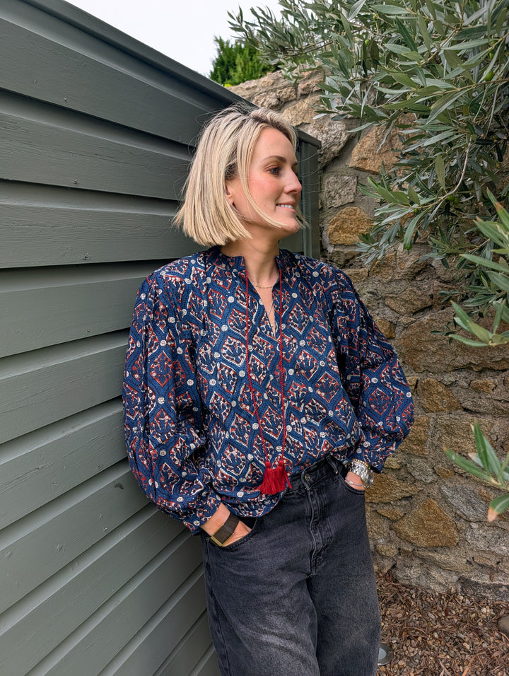 Hazel Navy Long sleeve handcrafted cotton top
