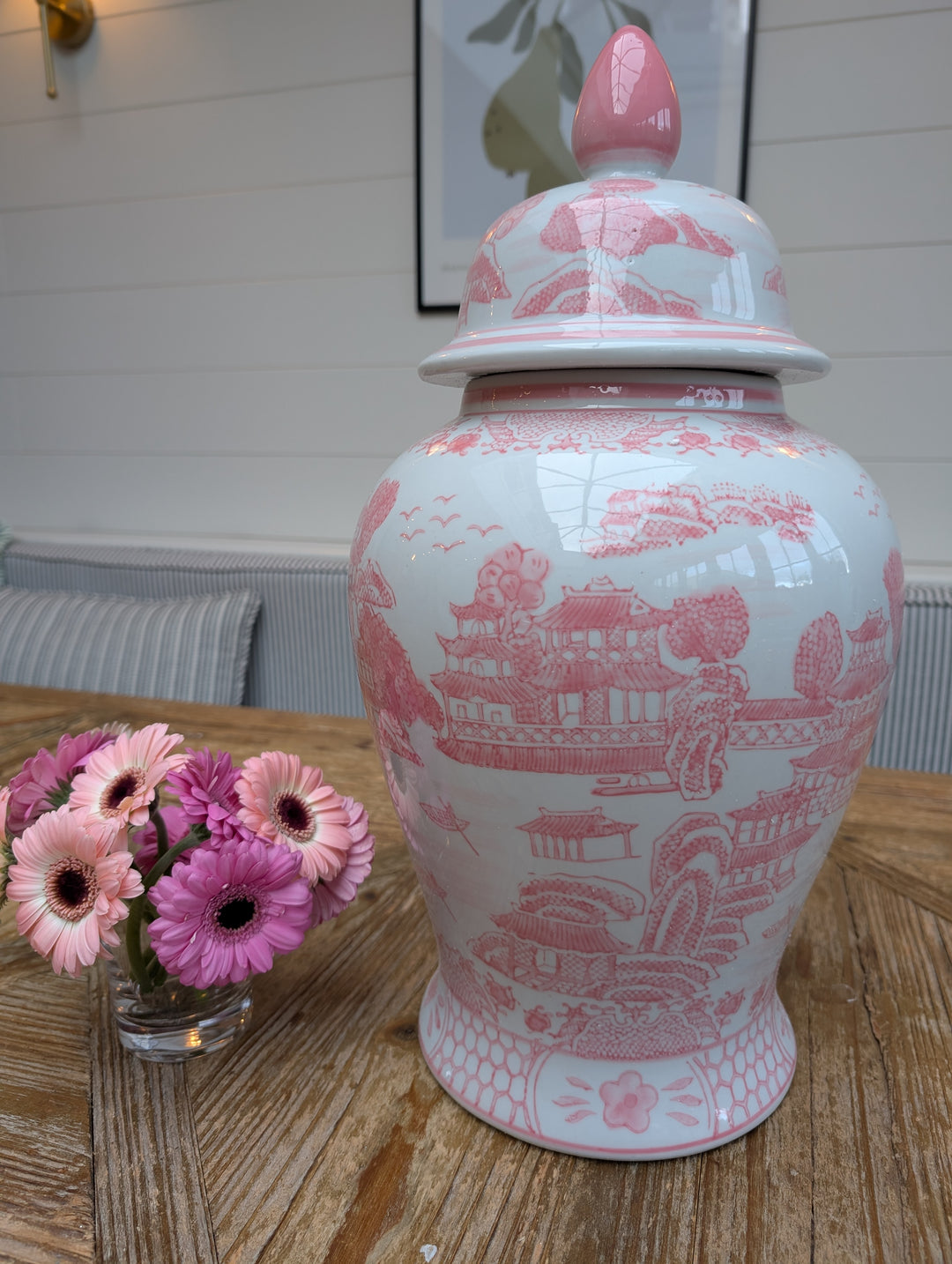 Pink & White Chinoiserie Ceramic Jar 18"