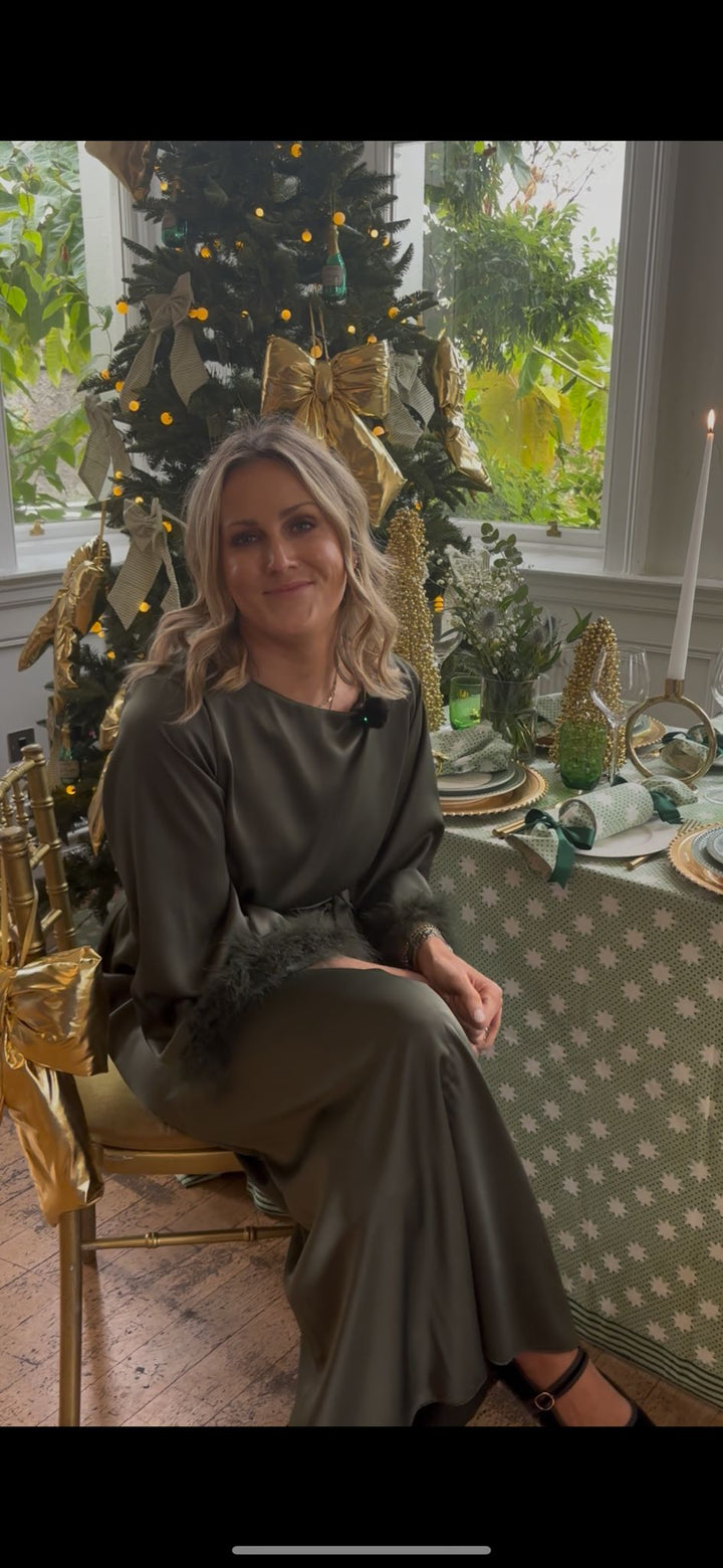 Green Satin Dress with Feather Details