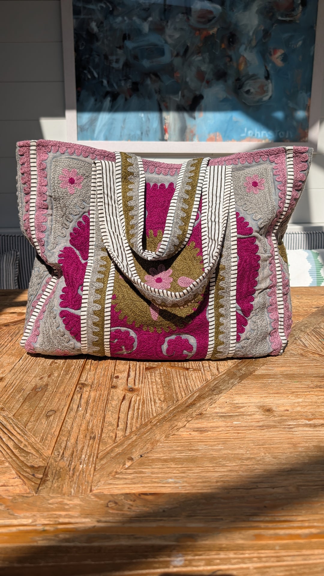 Khaki &amp; Purple Suzani embroidered Tote