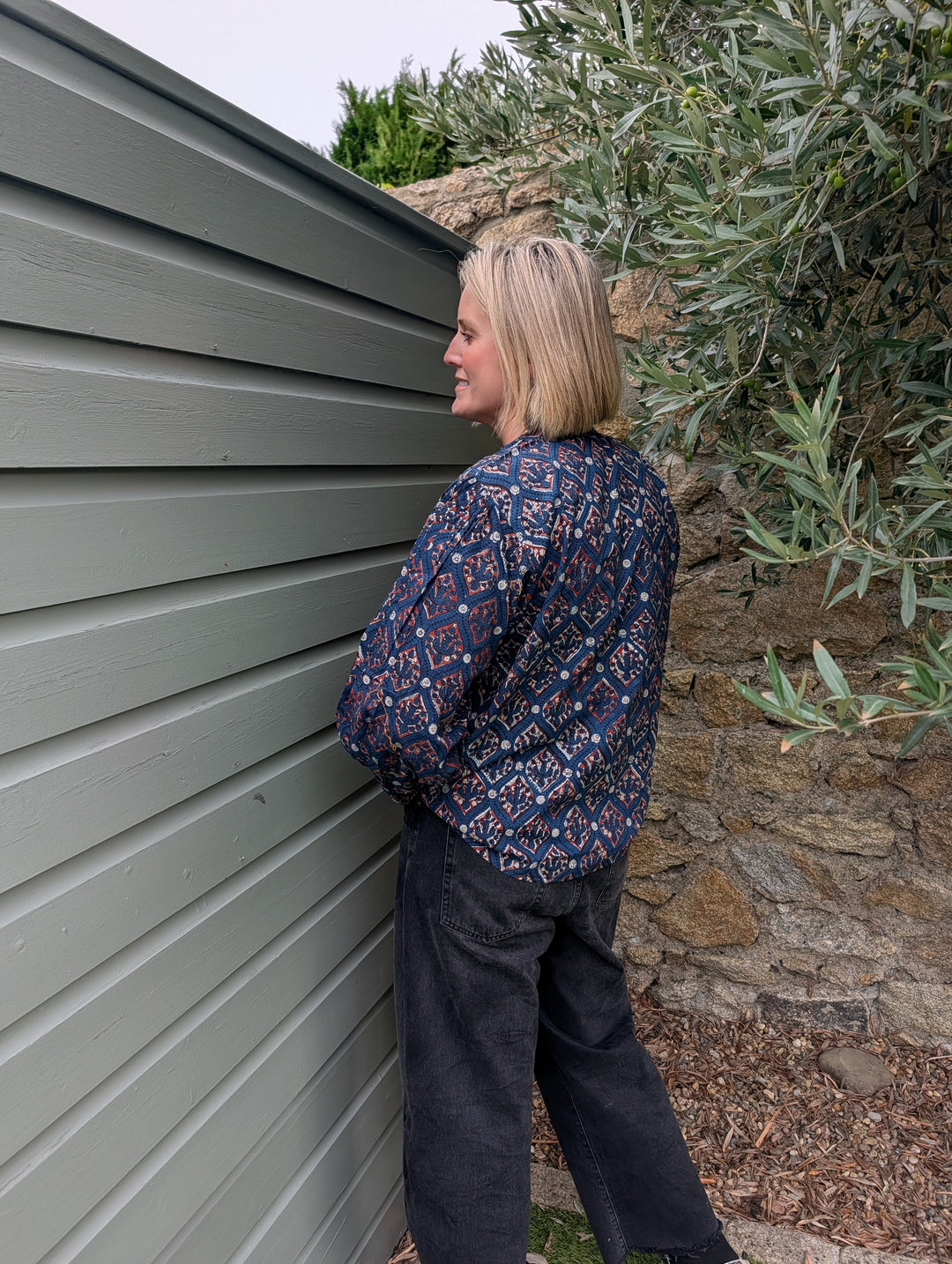 Hazel Navy Long sleeve handcrafted cotton top