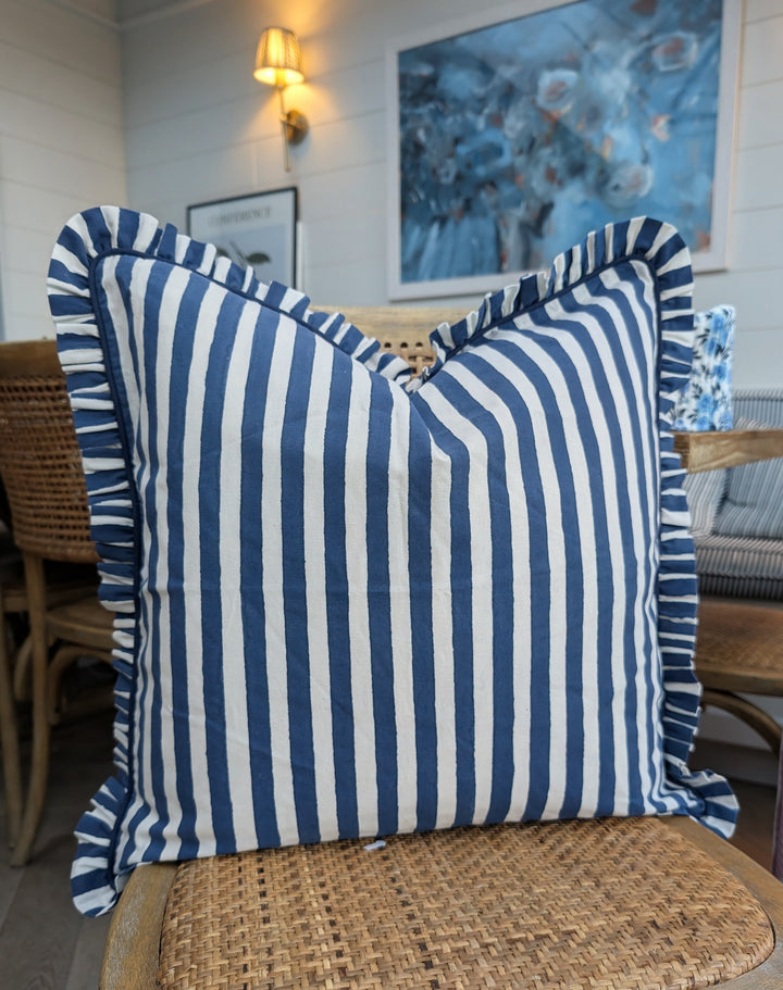 Iris Blue Stripe Frill Cushion Cover