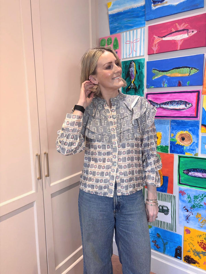 Grey Frill Printed Blouse