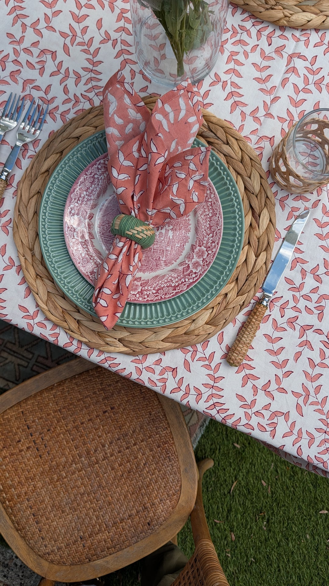 Tally Coral / White  Rectangular Tablecloth
