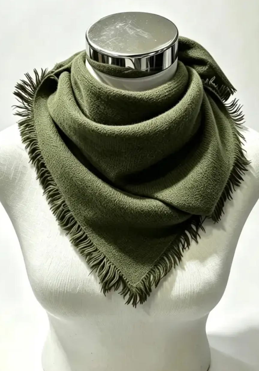 Fringe Trim Khaki Scarf