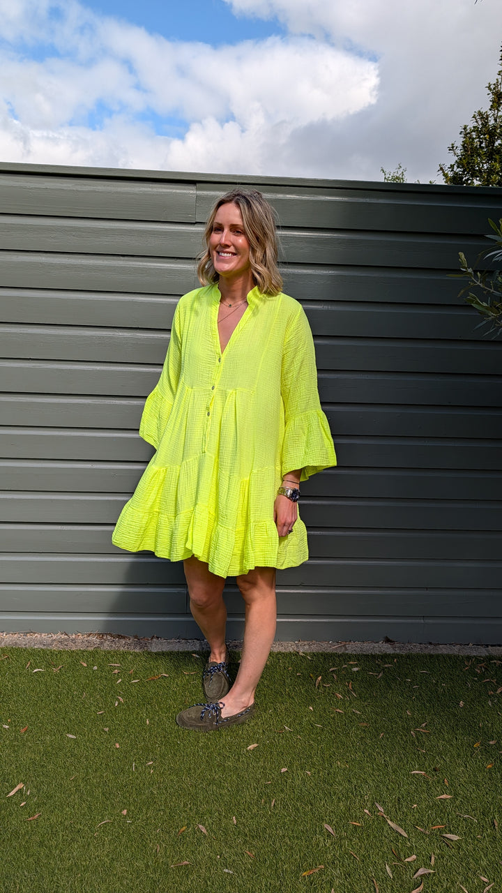 Short dress in cotton Neon Yellow