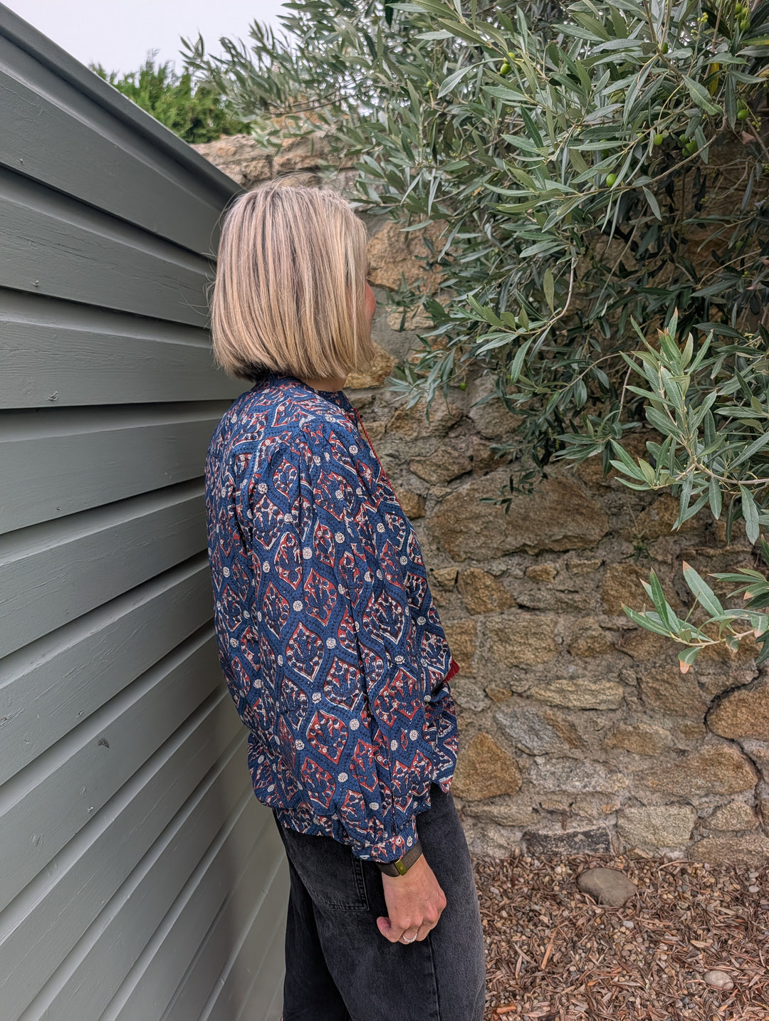 Hazel Navy Long sleeve handcrafted cotton top