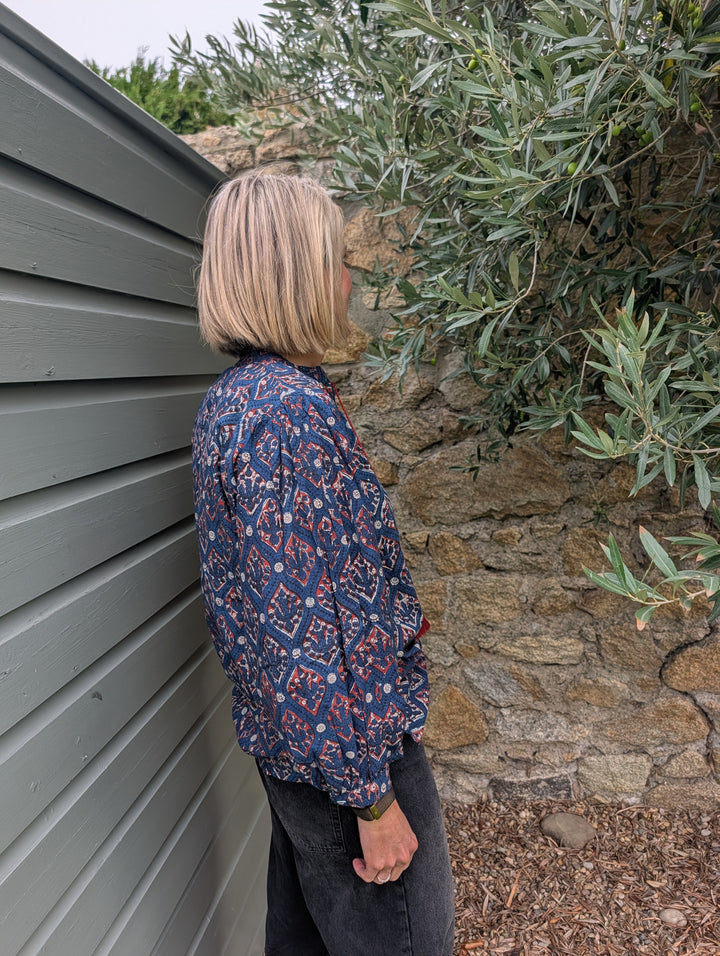 Hazel Navy Long sleeve handcrafted cotton top