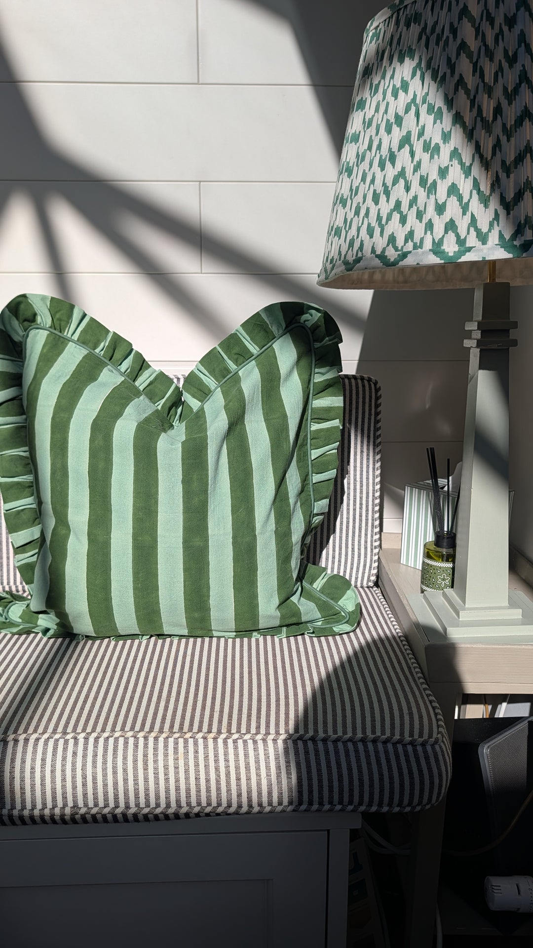 Green stripe Frill Cushion Cover