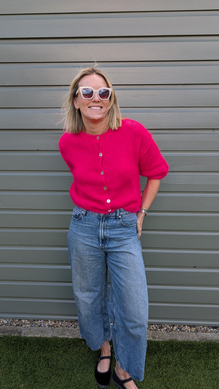 Neon Pink Short Sleeve Mohair Cardi--LNH Edit