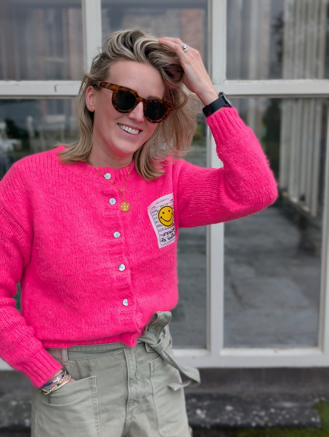 Smiley Face Neon Pink Cardigan-Shirts & Tops-LNH Edit