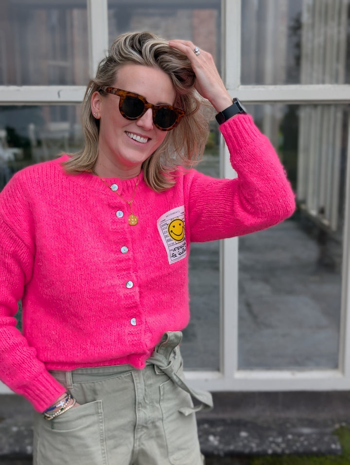 Smiley Face Neon Pink Cardigan-Shirts & Tops-LNH Edit