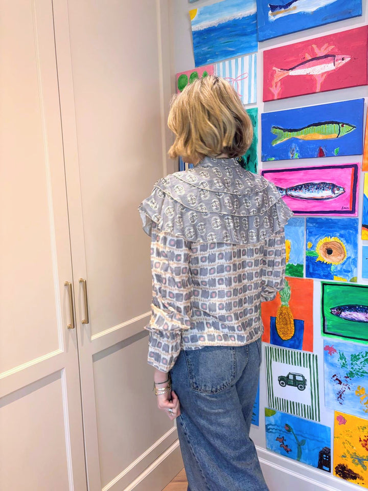 Grey Frill Printed Blouse